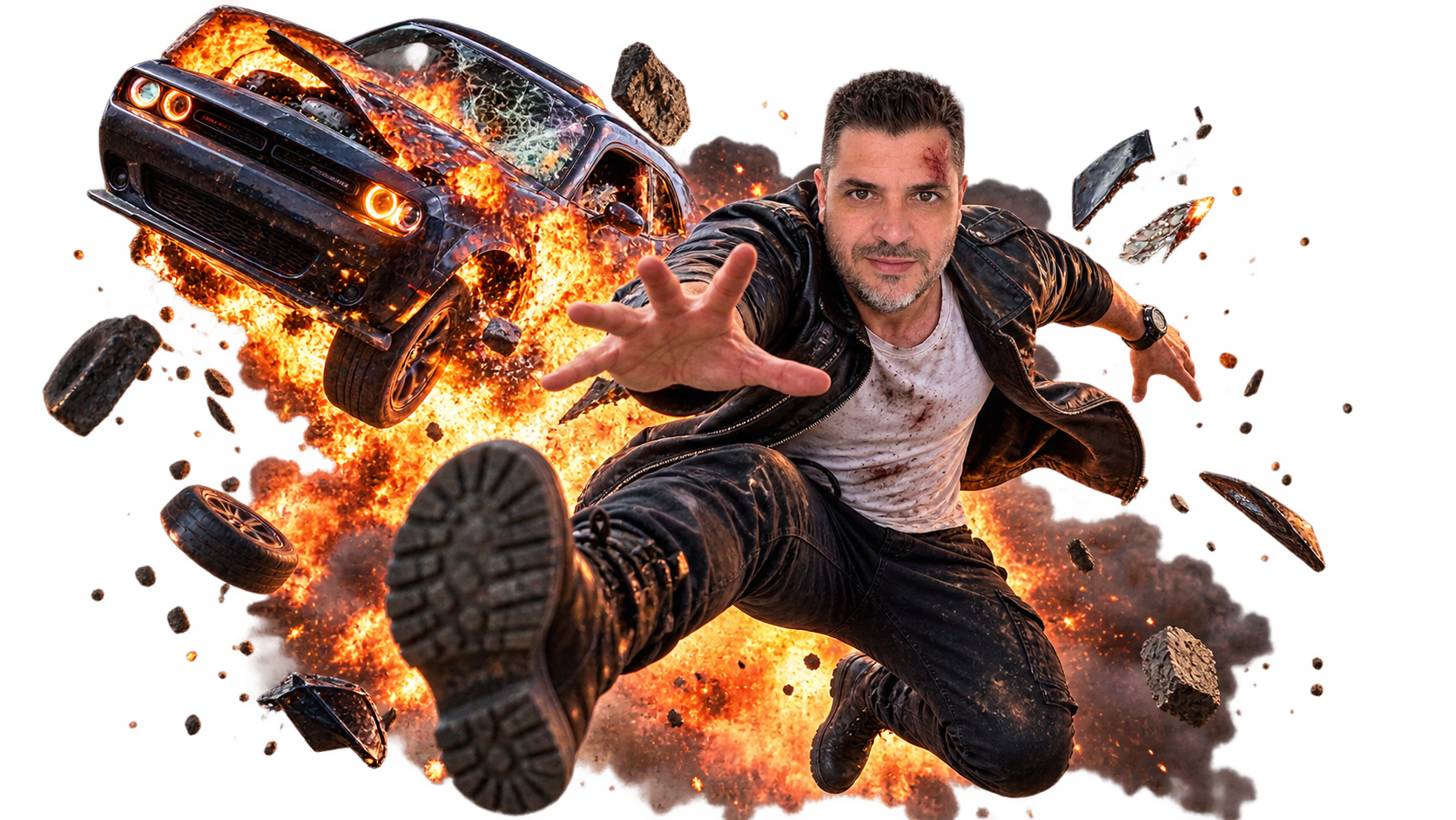 Stéphane Delgado en plein saut devant une voiture en flammes, plan généré par intelligence artificielle